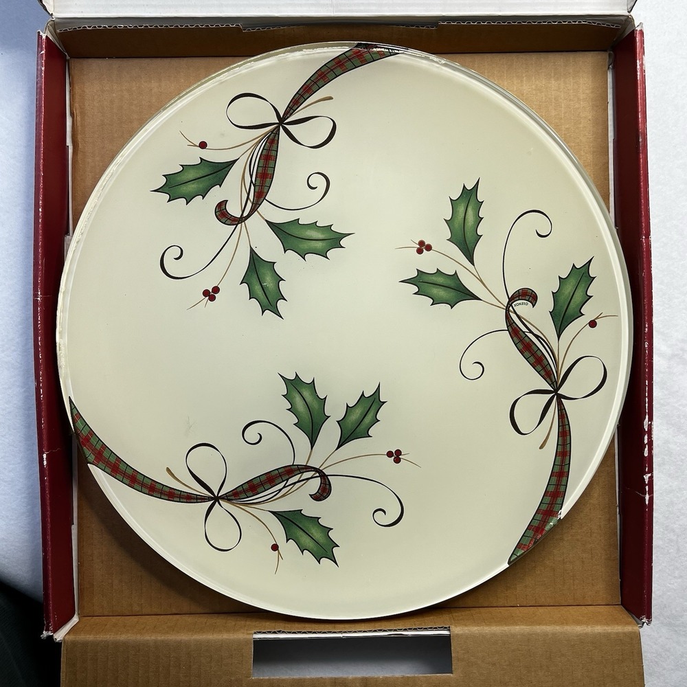 Lenox Holiday Nouveau Decoupage Christmas 14.5" Round Glass Platter Original Box